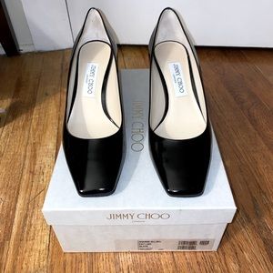 JIMMY CHOO Dianne Square-Toe Patent Leather Pumps - Black- Brand New
